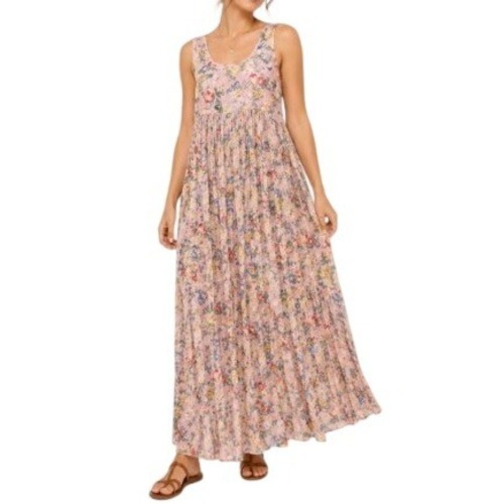 Vintage 90s Y2K Sita Floral Empire Waist Dress Womens L Pink Pleated Gauzy Boho
